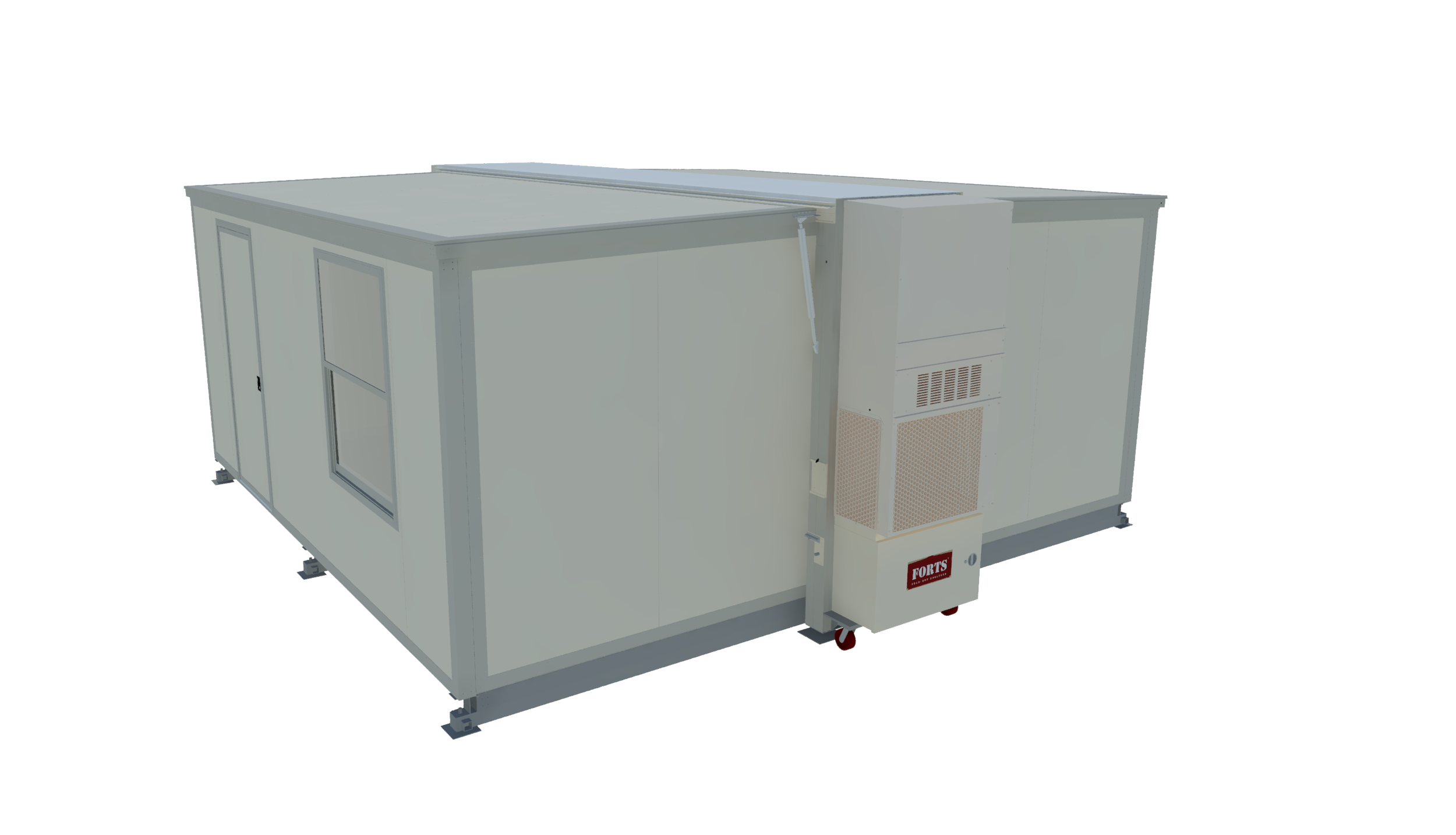 A deployed FORTS building with rigid walls, windows and an exterior HVAC unit